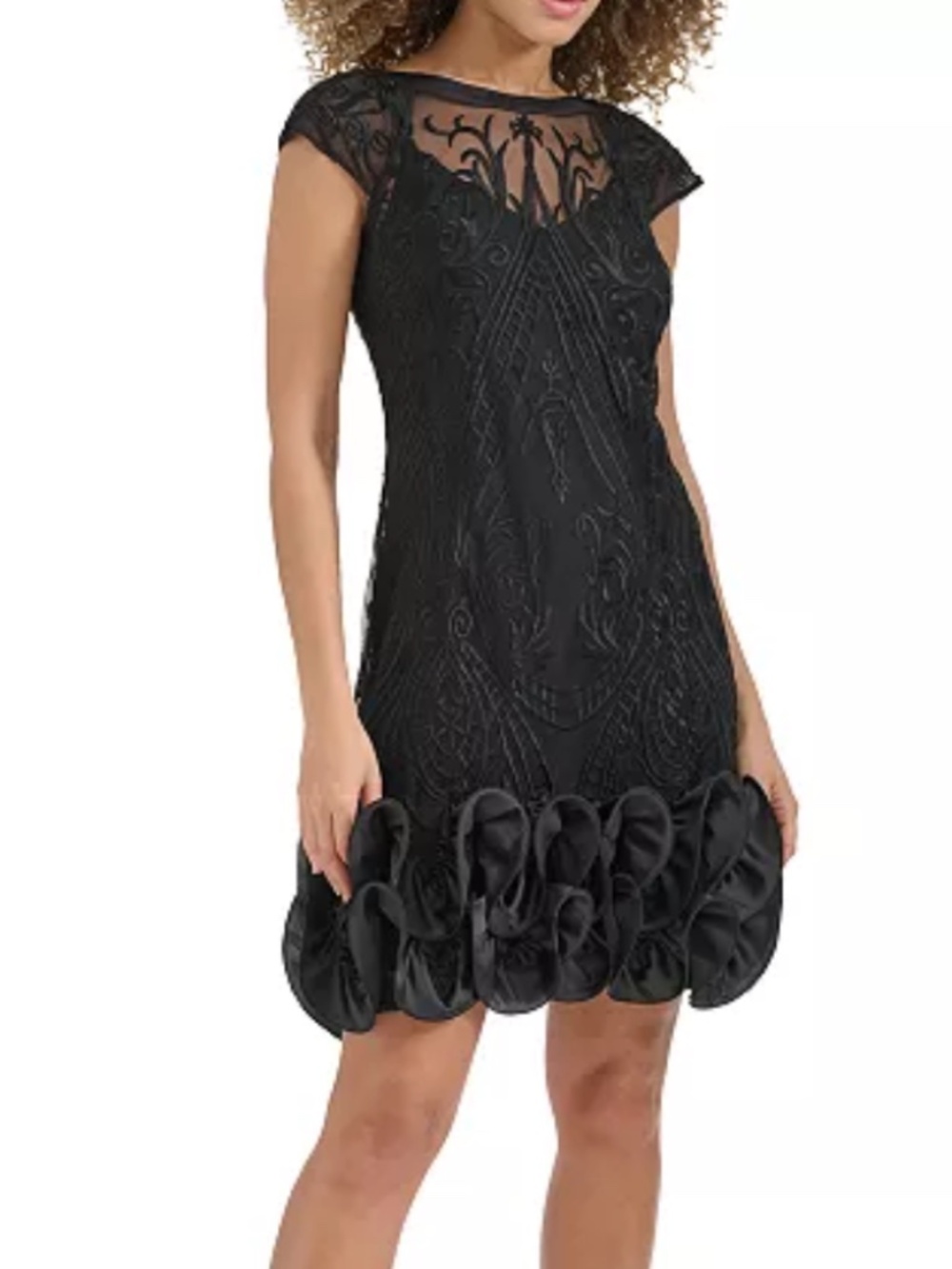 Romantic Homecoming Embroidered-Mesh Ruffled-Hem Black Sheath Dress Size 8